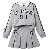 WDIRARA Girl's 2 Piece Outfit Letter Graphic Long Sleeve Sweatshirt Bow Pleated Skirt Set Preppy Outfits