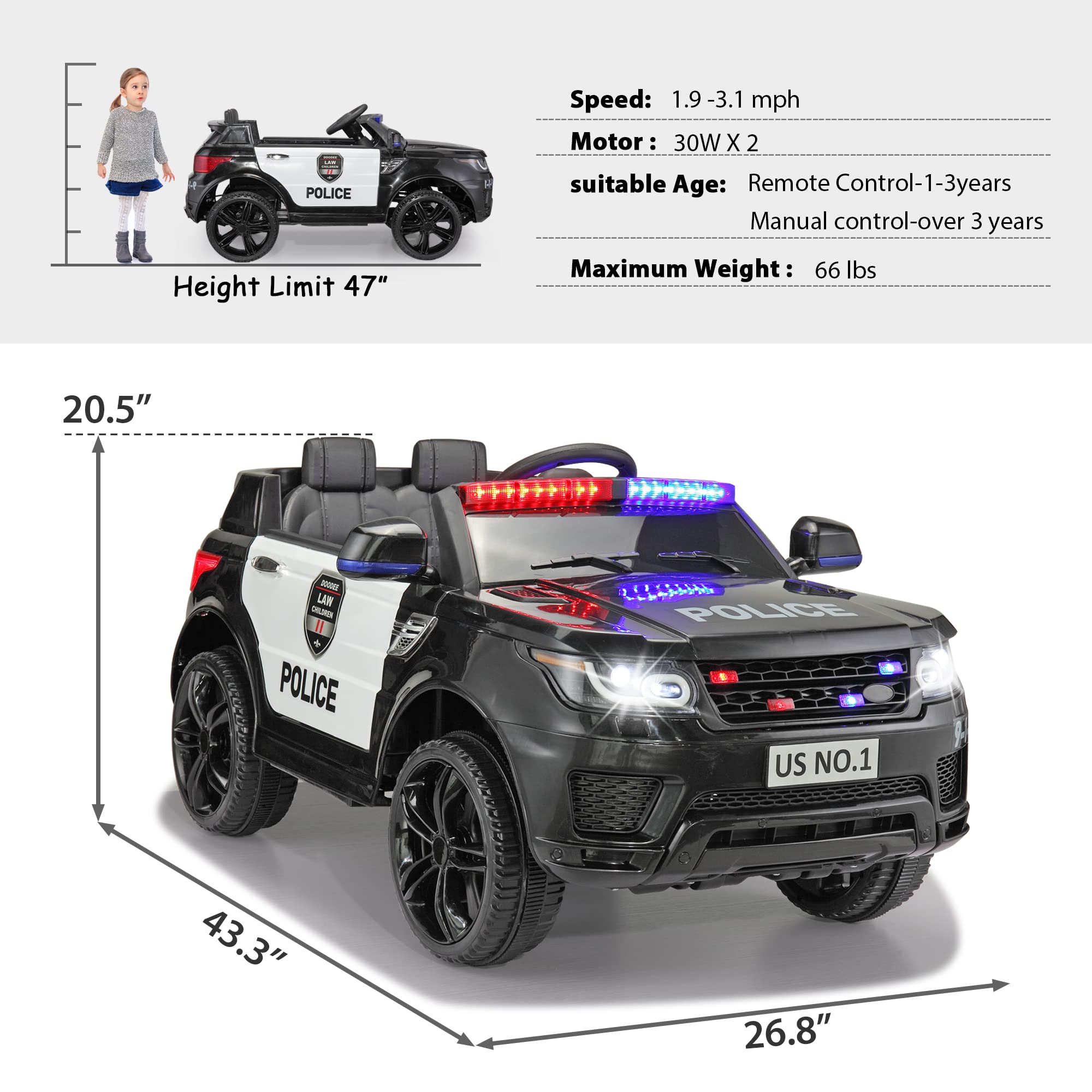 TOBBI Police Car Ride on Electric Car for Kids to Drive Battery Powered Ride-on Toys Cop Cars with Remote Control, Siren, Flashing Lights, Music, Spring Suspension, Carbon Black