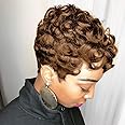 MOONSHOW Short Pixie Wigs for Black Women Auburn Brown Pixie Cut Wig with Bangs Auburn Short Curly Wigs for Black Women Natural Short Wigs