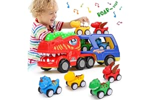 QIRPTEY Toddler Car Toys for 1 2 3 4 Year Old Boy Birthday Gifts 5-in-1 Dinosaur Transport Trucks for Toddlers 1-3 with Dino Sounds & Lights Dinosaur Toys for Kids Boys Girrls 2-4 3-5 Christmas Birthday Gifts