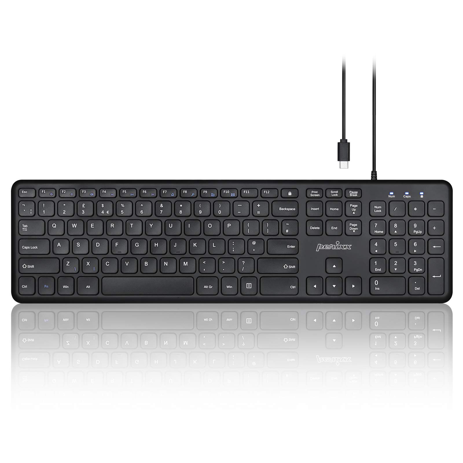 perixx PERIBOARD-210 USB-C Full Size Keyboard, Ultra Thin Design, Quiet Chiclet Keys, UK QWERTY Layout, Black