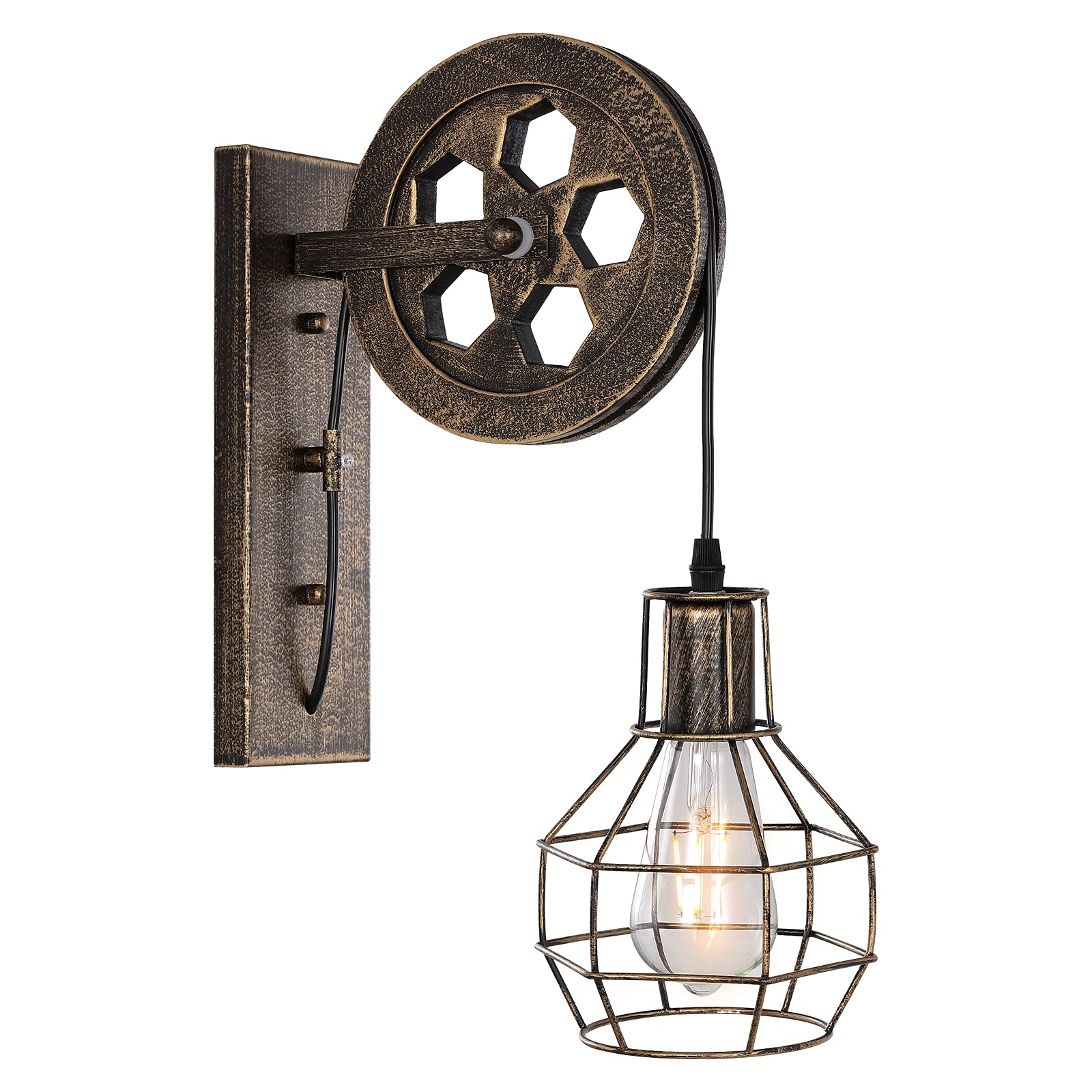 Photo 1 of BAODEN 1 Light Fixture Industrial Mid Century Retro Iron Wall Lights Lift Pulley Wall Lamp Features The Matte Iron Cage Lamp Shade for Indoor Lighting Barn Restaurant(Bronze Color)