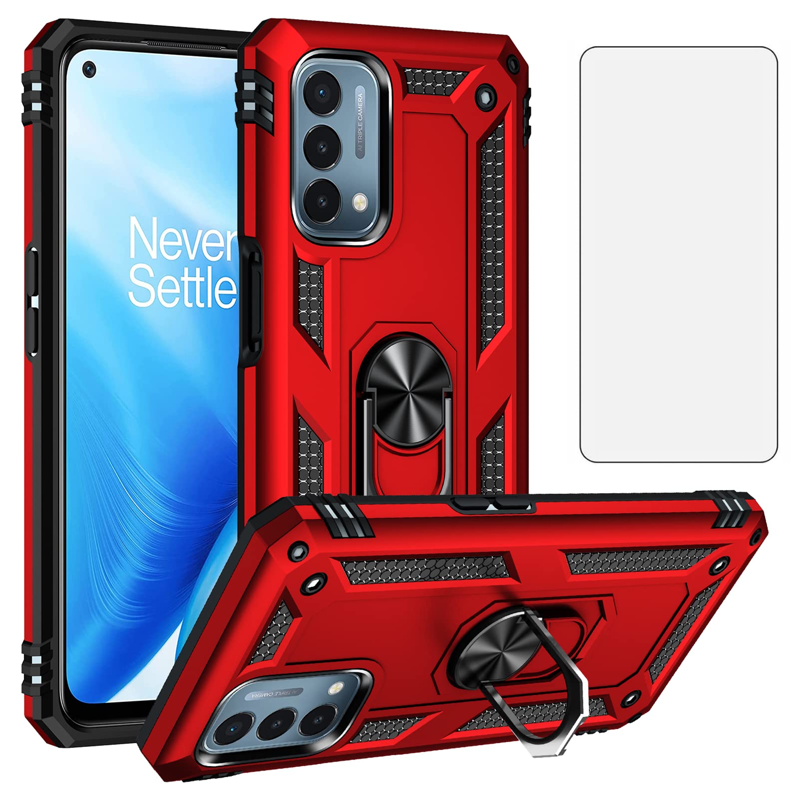 Phone Case for OnePlus Nord N200 5G with Tempered Glass Screen Protector Cover Stand Ring Holder Shockproof Magnetic Heavy Duty One Plus N 200 G5 1 Plus 200N 1plus One+ 1+ N2005G 2021 Women Men Red