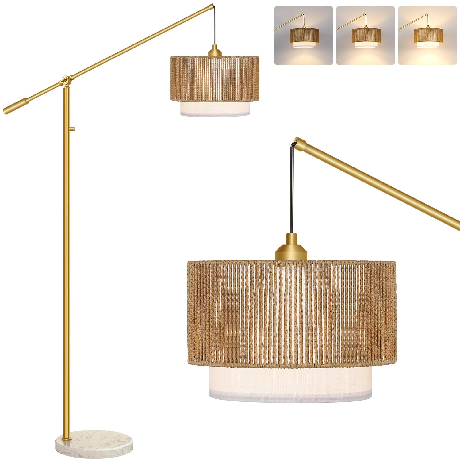 Photo 1 of ?Upgraded?Arc Floor Lamp for Living Room, Boho Dimmable Swing Arm Floor Lamp with Rattan & Fabric Shades, Gold Rattan Standing Lamp with Marble Base, Farmhouse Adjustable Tall Lamp for Bedroom Office