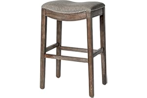 Maven Lane Adrien Backless Bar Stool – 31 Inch Saddle Seat with Footrest – Brown Solid Wood Frame & Grey Fabric Upholstery – Ideal for Bars, Pub Tables & Tall Kitchen Counters