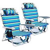 Canpsky 2 Pack Lightweight Portable Camping Beach Chair for Adults, Outdoor Lay Flat Folding Beach Chairs with 5 Positions, Backpack Beach Chair with Towel Bar, Zipper Pouch, Cup Holder, Ocean Striped