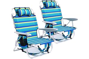 Canpsky 2 Pack Lightweight Portable Camping Beach Chair for Adults, Outdoor Lay Flat Folding Beach Chairs with 5 Positions, Backpack Beach Chair with Towel Bar, Zipper Pouch, Cup Holder, Ocean Striped