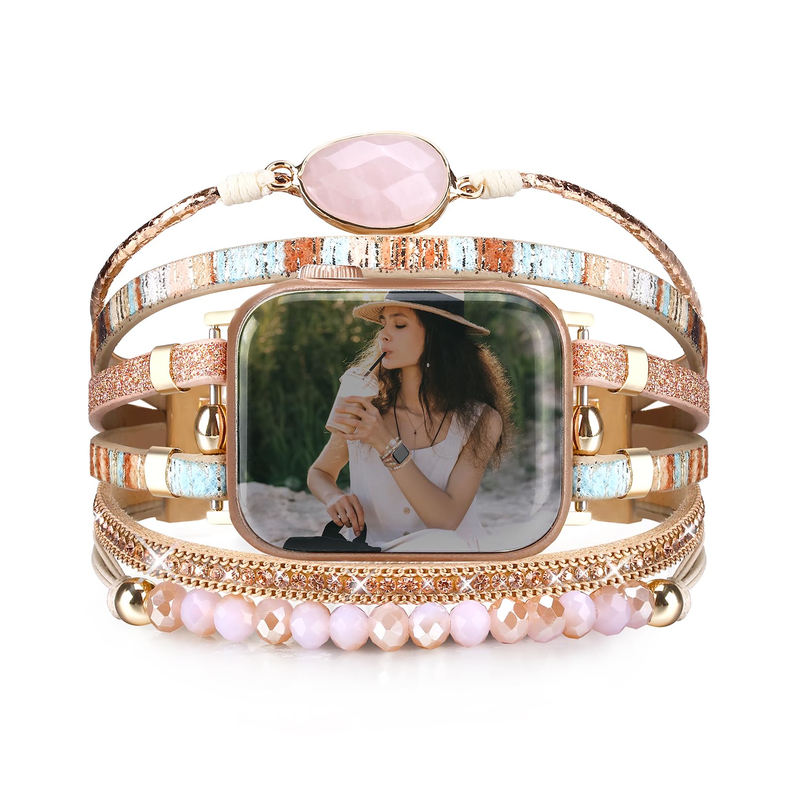 CHARMINGO Boho Leather Bracelet Compatible with Apple Watch Band Women 42mm 44mm 45mm 49mm Series 10 9 8 7 6 SE Ultra Cute Multilayer Wrap Apple Watch Strap for iWatch Band Series 5 4 3 2 1, Pink
