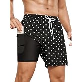 GYOVL Mens 2 in 1 Swim Trunks with Compression Liner Polka Dots Swim Shorts Swim Suits Graphic Board Shorts