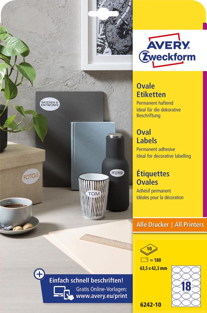 AVERY Zweckform 6242-10 Oval Labels (180 Adhesive Labels, 63.5 x 42.3 mm on A4, Oval Stickers for Printing, Self-Adhesive Product Labels, Permanent Adhesive Jam Labels), 10 Sheets, White