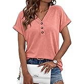 AUTOMET Short Sleeve V Neck T Shirts Womens Summer Business Casual Dressy Tops 2026 Henley Loose Fit Basic Spring Outfit