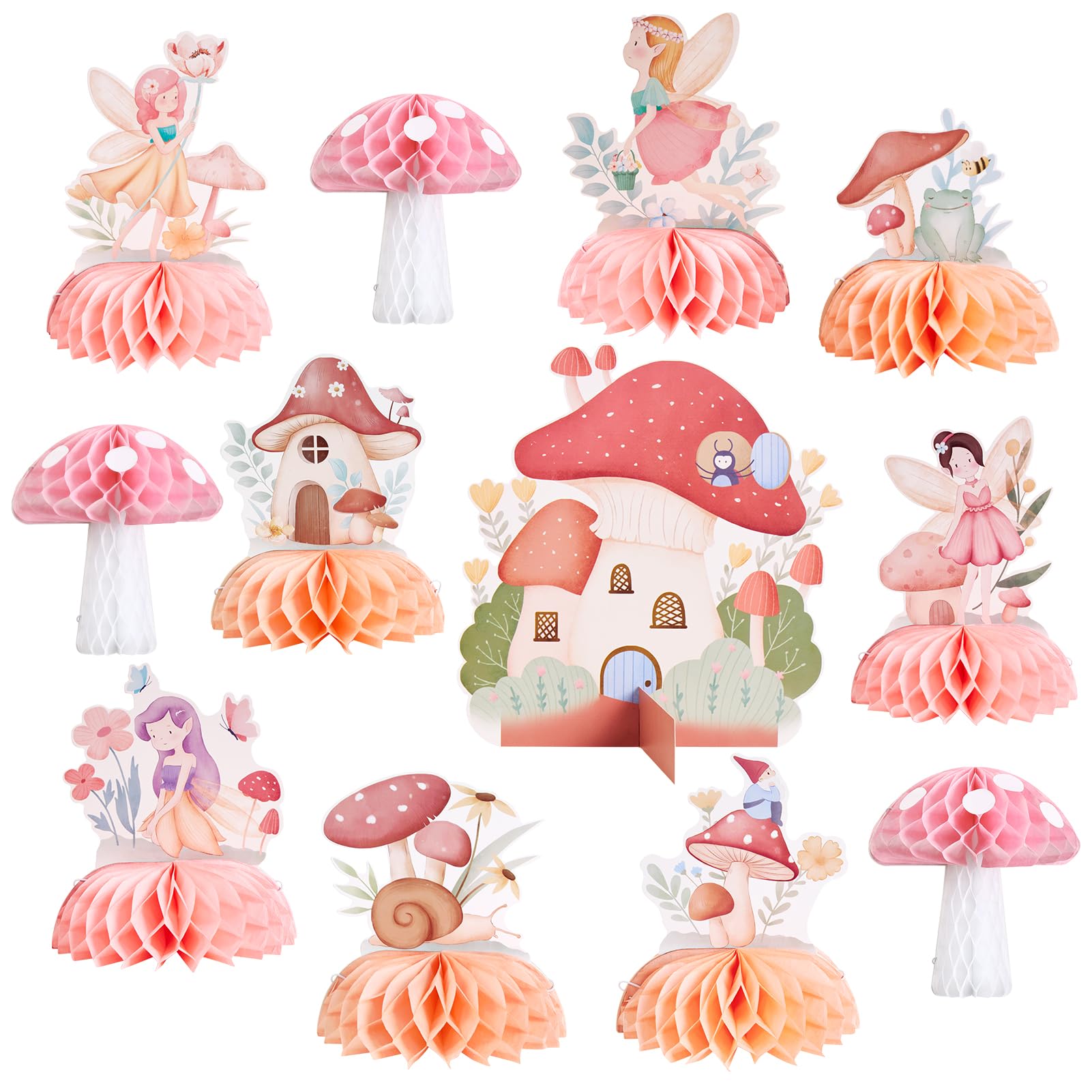 Photo 1 of 12PCS Fairy First Birthday Decorations, Fairy Honeycomb Centerpieces Decorations, Mushroom Birthday Party Table Decorations, Mushroom Party Decorations for Baby Shower Girls Fairy Party Decor
