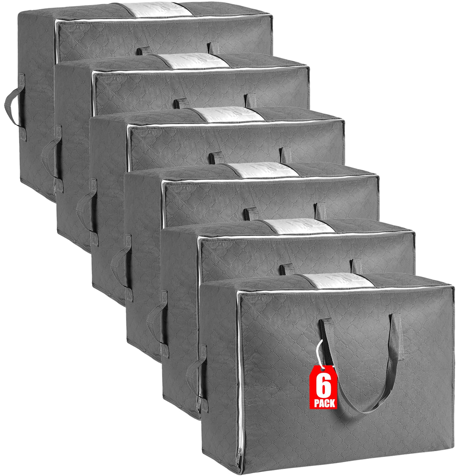 Photo 1 of 105L Extra Large Storage Bags for Blankets, King Comforters, Bedding, Clothes, Pillows, Sheets - Closet Organizers and Storage with 4 Handles & Clear Window, Foldable & Breathable (Grey, 6pack)