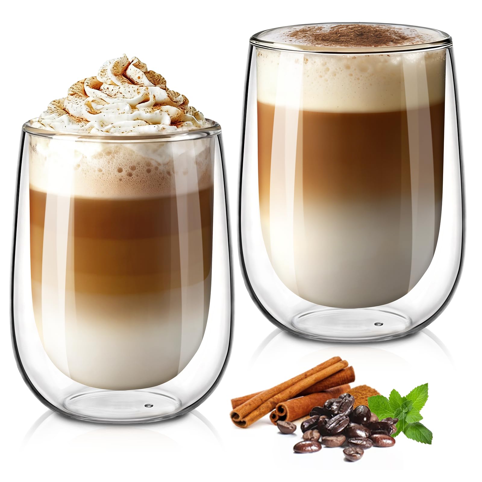 glastal 2x350ml Double Walled Coffee Glasses Mugs Cappuccino Latte Macchiato Glasses Cups for Coffee Tea Milk Juice Ice Cream Borosilicate Heat Resistant Glass Cups