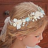 Campsis Pearl Flower Girls Headpiece, Blue Crystal Wedding Headband, Floral Bridal Prom Communion Hair Accessories for Girls (Blue)