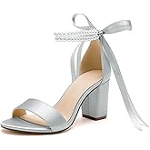 HKMFLYY Women's Open Toe Pearl Wedding Shoes for Bride High Heels Sandals Satin Bridal Block Chunky Heels Ankle Strap Prom Evening Party Pumps