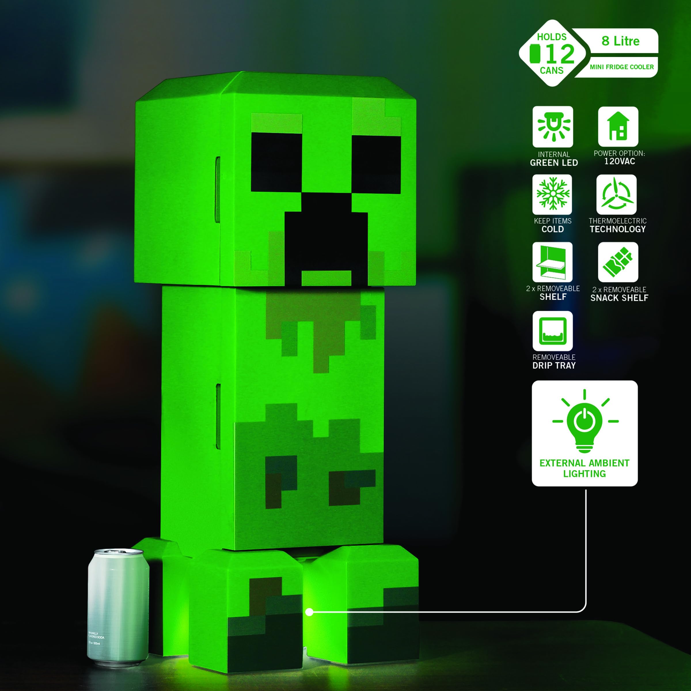 Ukonic Minecraft Legends Creeper Mini Fridge 8L – Holds 12 Cans, LED Lights, AC/DC Thermoelectric Cooler, Removable Shelves, Compact for Dorm, Office, Gaming
