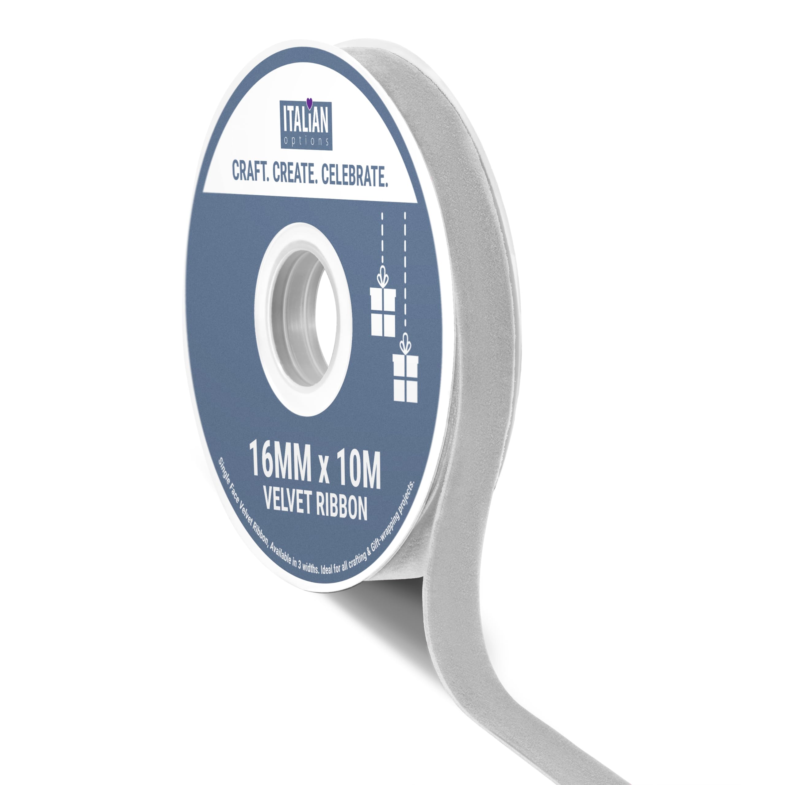 Italian Options Velvet Ribbon, Luxury, Single-Face Velvet Ribbon for Crafting, Christmas, Bows, Hair, Cakes, Weddings, Ornaments, Gift Wrapping, Flowers, 16mm x 10 Metre Roll, Silver — image 1