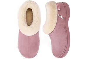 EverFoams Women's Microsuede Cozy Memory Foam Winter Slippers with Fuzzy Faux Fur Collar and Indoor Outdoor Rubber Sole