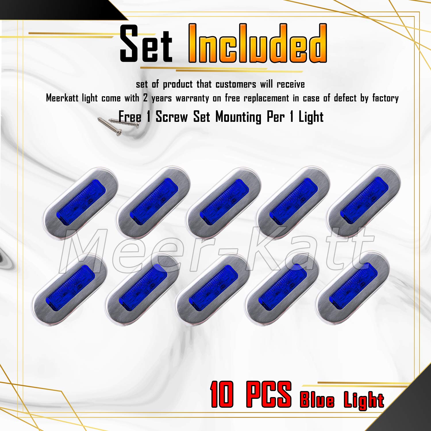 Meerkatt (Pack of 10) 3 Inch Oblong Amber LED Marine Courtesy Light Sealed Flush Mount Clearance Lamp for Yacht Stair Deck Garden Boat RV Cabin Truck Waterproof 12V DC with Chrome Stainless Bezel UV12