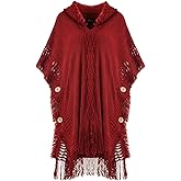 Ferand Women's Cable Knit Poncho Sweater Casual Hooded Pullover Ponchos with Decorative Buttons