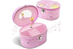 GINMLYDA Princess Musical Jewelry Box for Girls, Kids Music Box with Spinning Princess Kids Jewelry Organizer 6.5 x 4.7 x 3.3 in Birthday Gift for Little Girls Age 3 4 5 6 7 8 9 - Pink