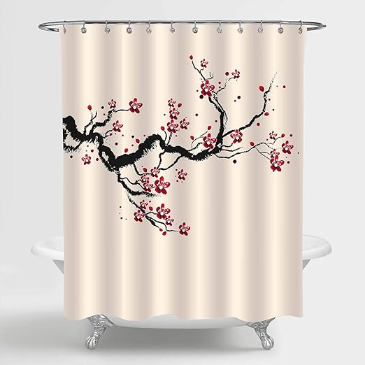 Amazon Com Mitovilla Japanese Cherry Blossom Shower Curtain For Women And Girls Classic Asian Watercolor Spring Cherry Tree Branches And Blooming Sakura Flowers Bathroom Decor Red Black Beige 72 W X 78 L