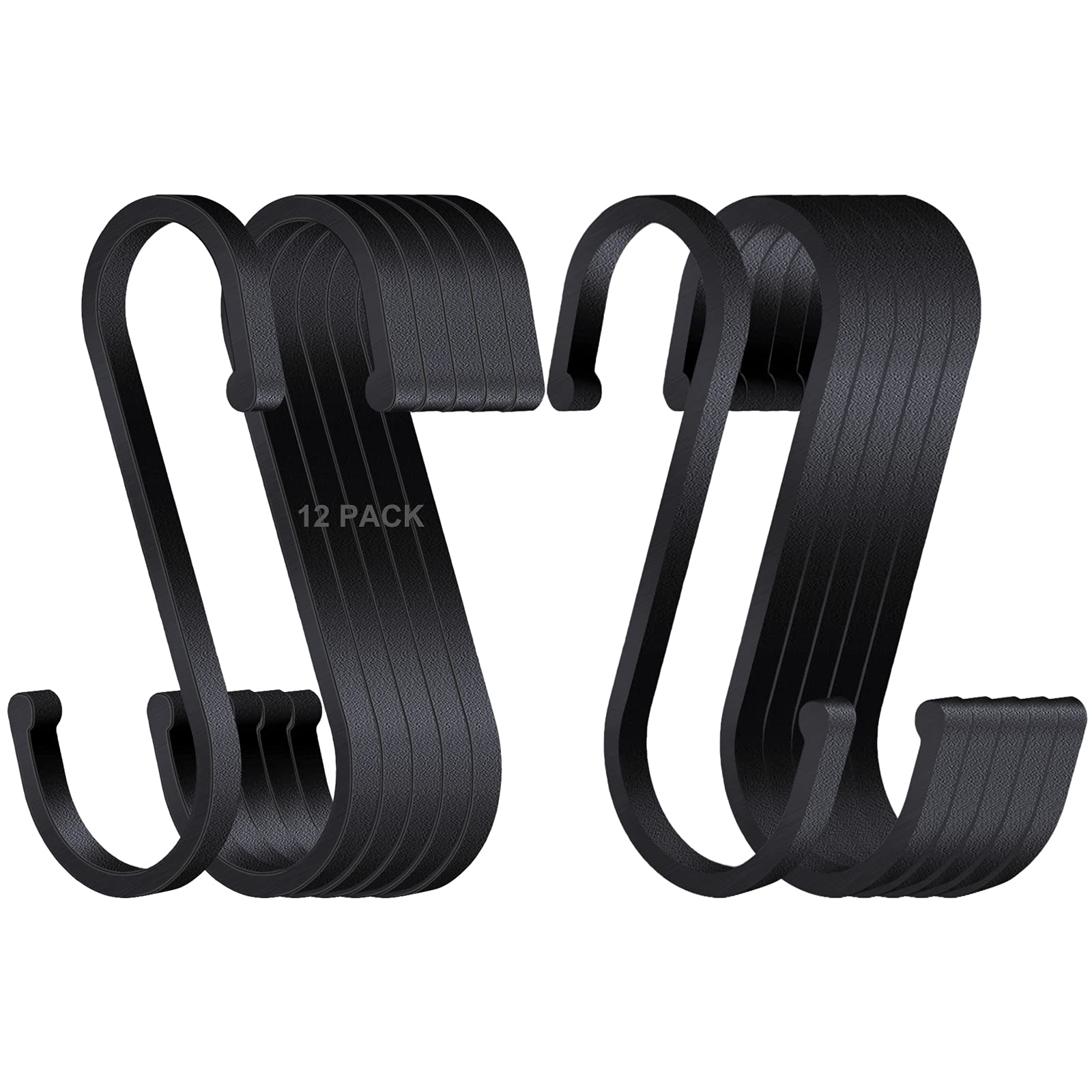 HONZUEN 12 Pack S Hooks for Hanging, Large S Shaped Hooks Heavy Duty – Black Metal, Rustproof Flat with Round Ends for Kitchen Utensil for Hanging, Bathroom, Closet, Garage, Office Storage Organizer