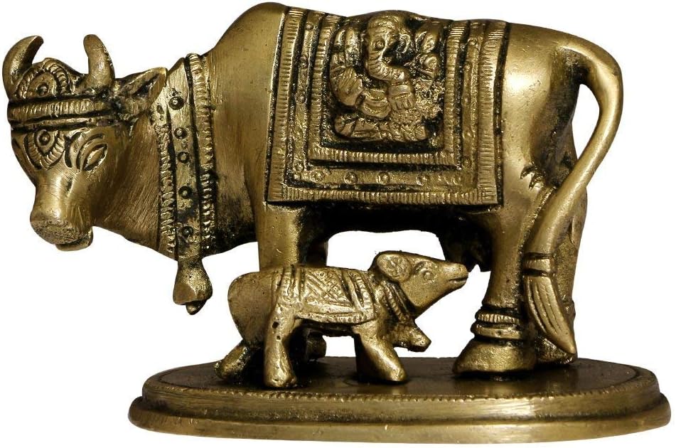 Pick End Now Lucky Figurine Cow and Calf - Nandi Kamadhenu Cow Kamdhenu Cow and Calf Brass Sculpture, Height 8cm | Holy Cow Brass Idol