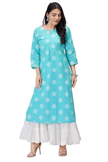 Buy Pakiza Women S Sky Blue Color Cotton Printed Straight Kurti Set Kurta With Sharara Plazo At Amazon In