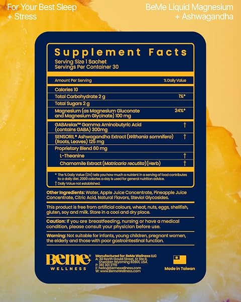 BEME MAGNESIUM DRINK FOR SLEEP – MELATONIN-FREE MAGNESIUM FOR SLEEP WITH ASHWAGANDHA, L-THEANINE & GABA – FAST-ABSORBING CALM PINEAPPLE – 15 SACHETS
