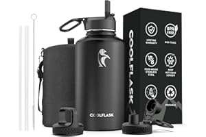 64 oz Water Bottle Insulated with Straw & 3 Lids, Coolflask Large Metal Stainless Steel Water Jug Big Half Gallon Wide Mouth for Sports, Gym or Office, Non-BPA Keep Cold 48H Hot 24H, Magic Black
