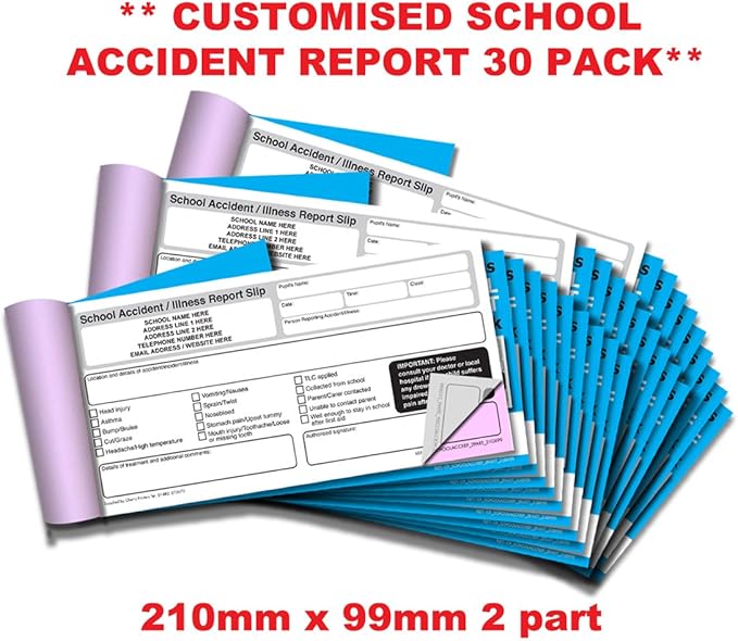 Cherry Carbonless NCR **Custom** School Accident Report Duplicate Book 210mm x 99mm 50 Sets **30