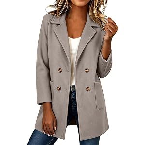 VOGFFR Long Cardigans for Women Double Breasted Trench Coat Notched Lapel Pea Coat Wool Open Front Coatigan with Pockets
