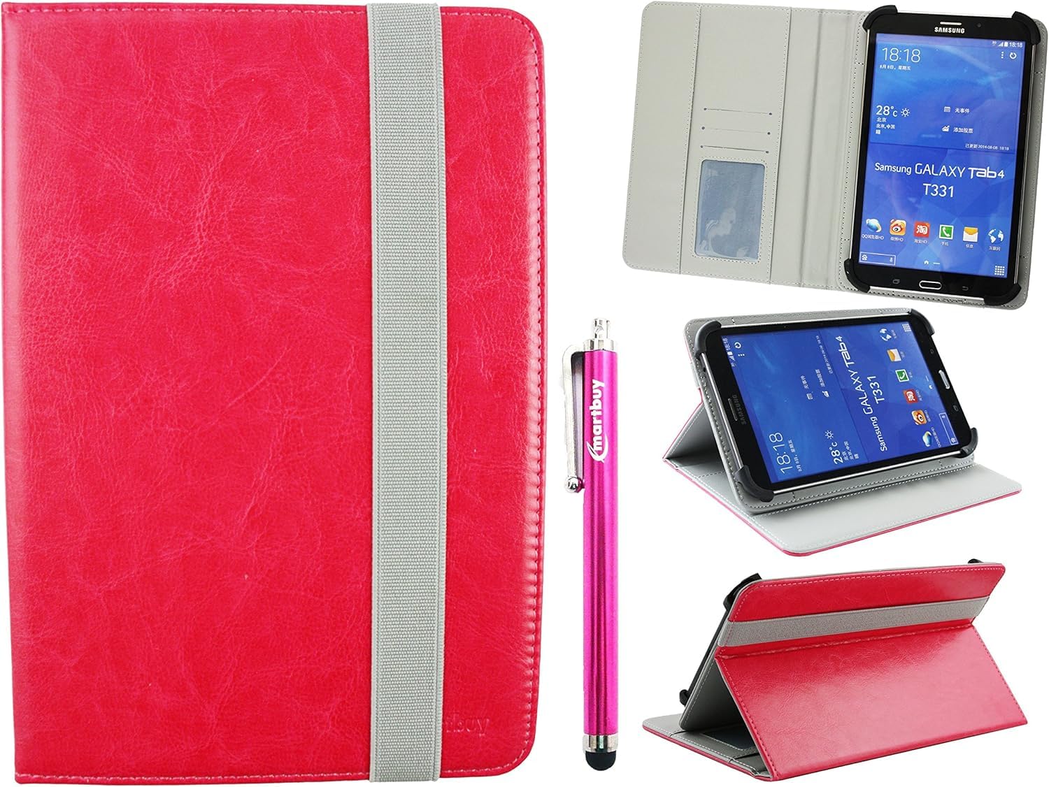 Emartbuy Universal 7-8.8 Inch Hot Pink Multi Angle Folio Wallet Case Cover With Card Slots Grey Elastic Strap and Stylus Pen Compatible With Selected Devices Listed Below