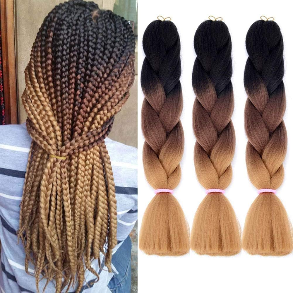 ColorfulPanda 3PACK 24'' Jumbo Braiding Hair Extensions Afro Box Braids Ombre 3 Tone Synthetic Weaving Hair For Crochet Twist Braiding Hair(Brown)