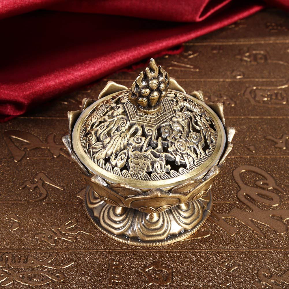 Jadeshay Incense Burner,Lotus Flower Incense Cone Burner Stick Holder Vintage Cone Holder with Hollow Bronze Aluminium Alloy Lid for Spa Home Office, 6.9 * 7cm / 2.71 * 2.76 inch