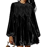Freyhem Womens A-Line Velvet Lace Overall Pleated Swing Babydoll Casual Skirtall Scallop Neck Flared Wedding Mini Dress