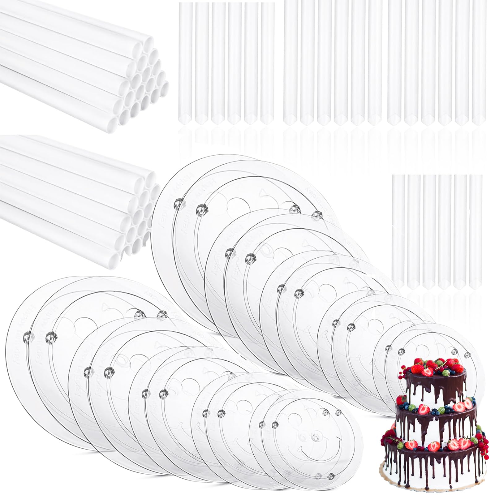 GBACHOOSE 70Pcs Cake Dowel Rods with 10 Pcs Cake Separator Plates for 4, 6, 8, 10, 12 Inch, Plastic Cake Sticks Support Rods, Reusable Cake Stand Sticks for Tiered Cake Construction Supporting