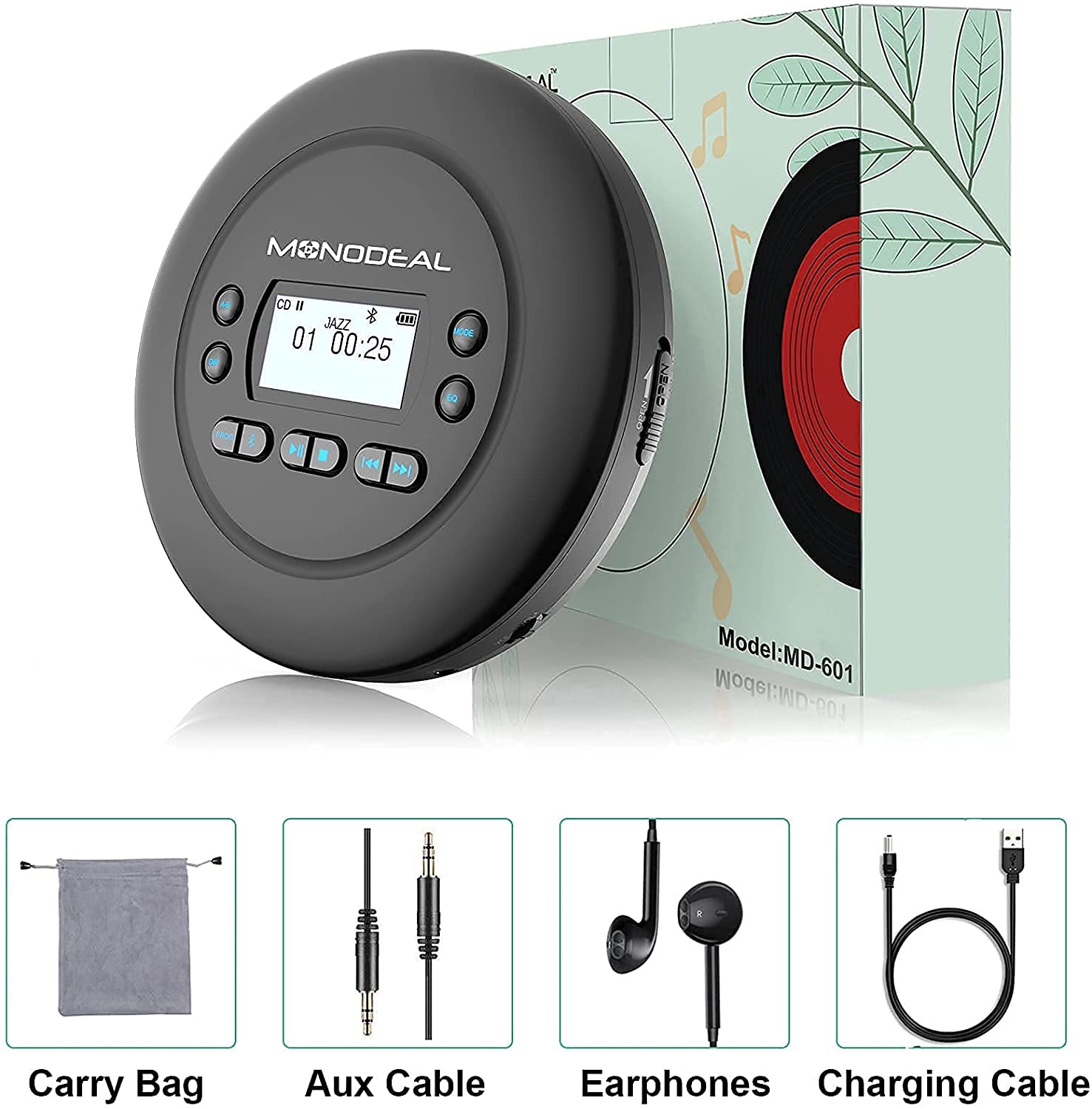 CD Player Portable, MONODEAL Bluetooth CD Player, Rechargeable Compact Small Player with Headphones for Car and Personal Use
