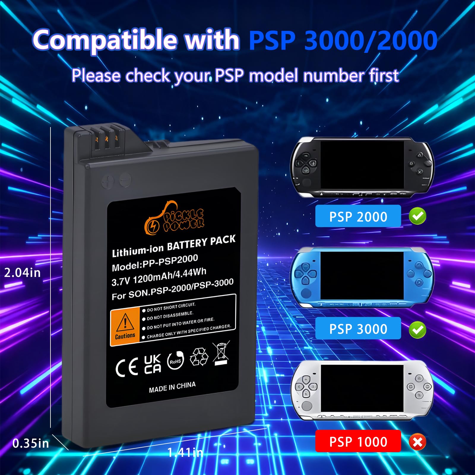 Pickle Power PSP 3000/2000 Battery with PSP Charger Cable for PSP 3000 / PSP Slim 2000 PSP-S110,PSP-3001, PSP-3000, PSP-3002, PSP-3004, PSP-2001, PSP Slim Console