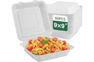 Pony Packaging Compostable Clamshell To Go Food Containers with lids 9"x9"x3", 50 Pack Disposable Take Out Food Containers, Heavy-Duty To Go Boxes Eco-Friendly Biodegradable Made of Sugar Cane Fibers