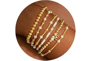 Turandoss 6PCS Beaded Initial Bracelets for Women Girls Jewelry Gifts - 18K Gold Plated Beaded Initial Letter Bracelet for Girls Women Initial A-Z Stretch Bead Stackable Bracelet Jewelry Set Gifts
