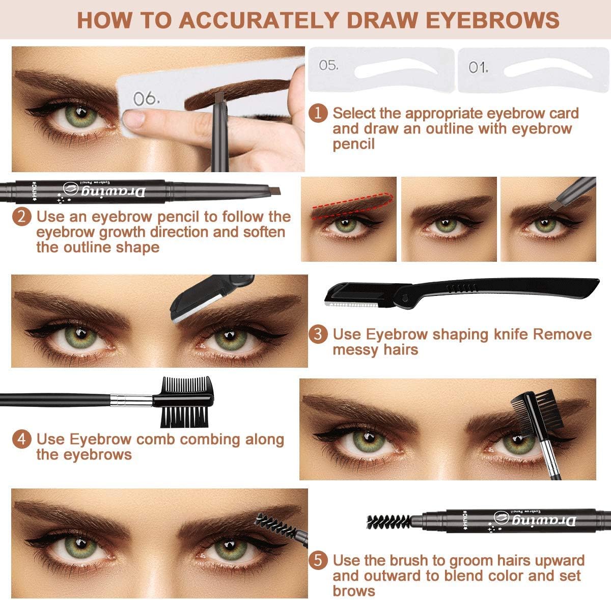 Eyebrow Razor Eyebrow Kit 17PCS with Eyebrow Pencil, Scissor, Eyebrow Brush, Eyebrow Stencil, Tweezers and Eyelash Comb for Women and Men, Maiden and Teenage Girls Grooming Kit: Home Improvement