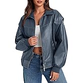 Tankaneo Womens Oversized Leather Bomber Jackets Cap Sleeve Zip Up Motorcycle Coats with Pockets