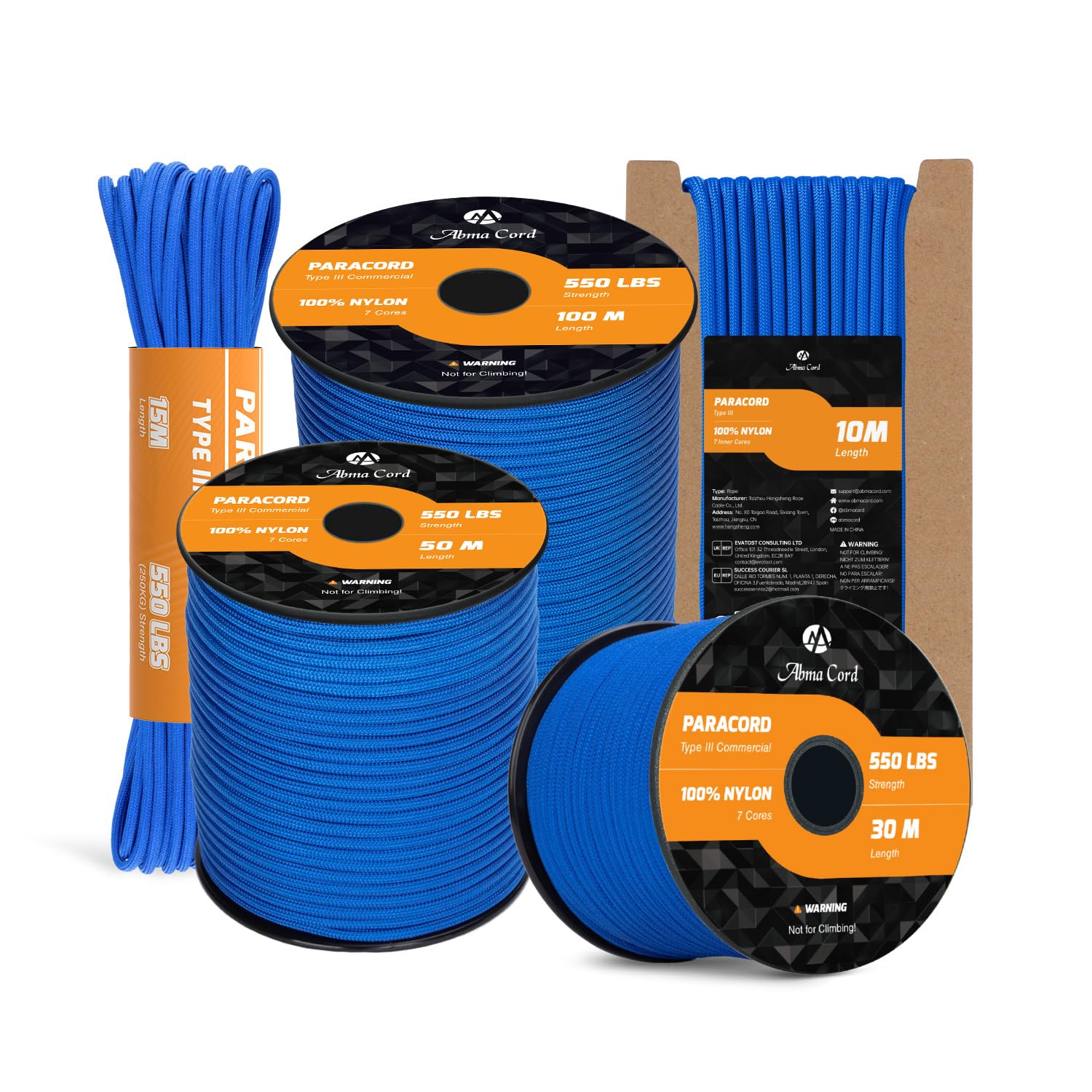 Abma Cord Paracord 550 4mm 15m 100% Nylon Rope Type III 7 Strands Parachute Cord for DIY, Camping, Survival, Outdoor - Max. 250kg - Dark Blue