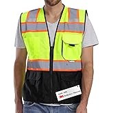 Dib Safety Vest Reflective with Pockets and Zipper, High Visibility Mesh ANSI Class 2, Made with 3M Reflective Tape, Yellow and Black 2XL
