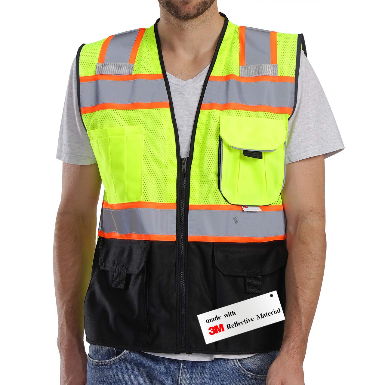 Photo 1 of Dib Safety Vest Reflective with Pockets and Zipper, High Visibility Mesh ANSI Class 2, Made with 3M Reflective Tape, Yellow and Black Large