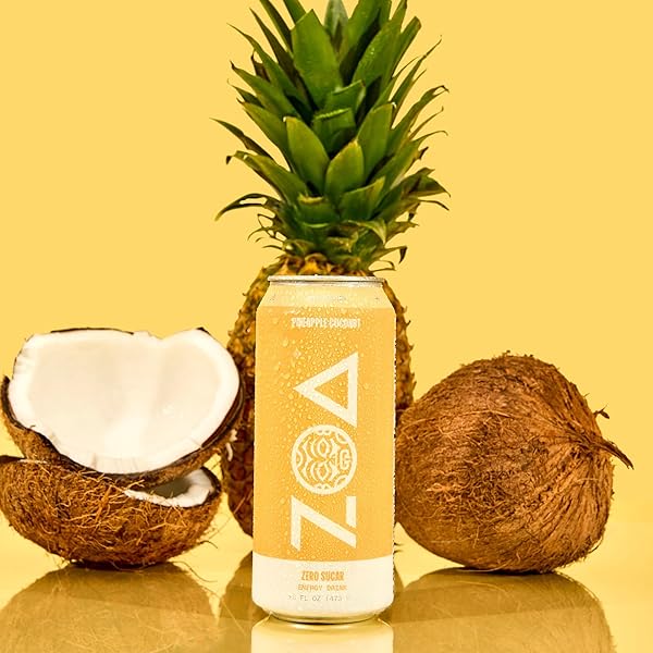 ZOA ZERO SUGAR ENERGY DRINKS, PINEAPPLE COCONUT – SUGAR FREE WITH ELECTROLYTES, HEALTHY VITAMIN C, AMINO ACIDS, ESSENTIAL B-VITAMINS, AND CAFFEINE FROM GREEN TEA – 16 FL OZ (12-PACK)