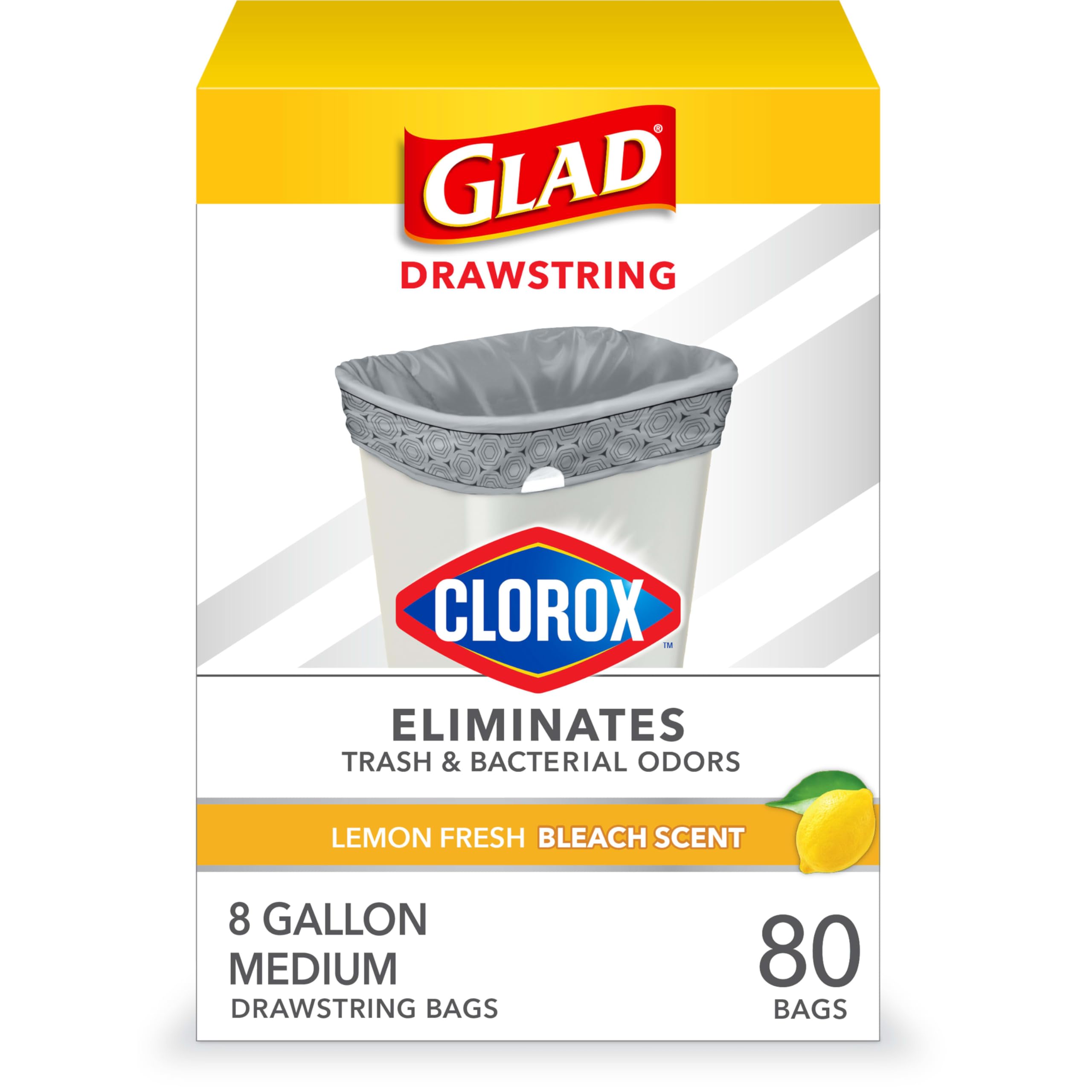 Photo 1 of Glad Medium Trash Bags, 8 Gallon, Lemon Fresh Bleach Garbage Bags, Resists Bacterial Odors with Drawstring, 80 Count